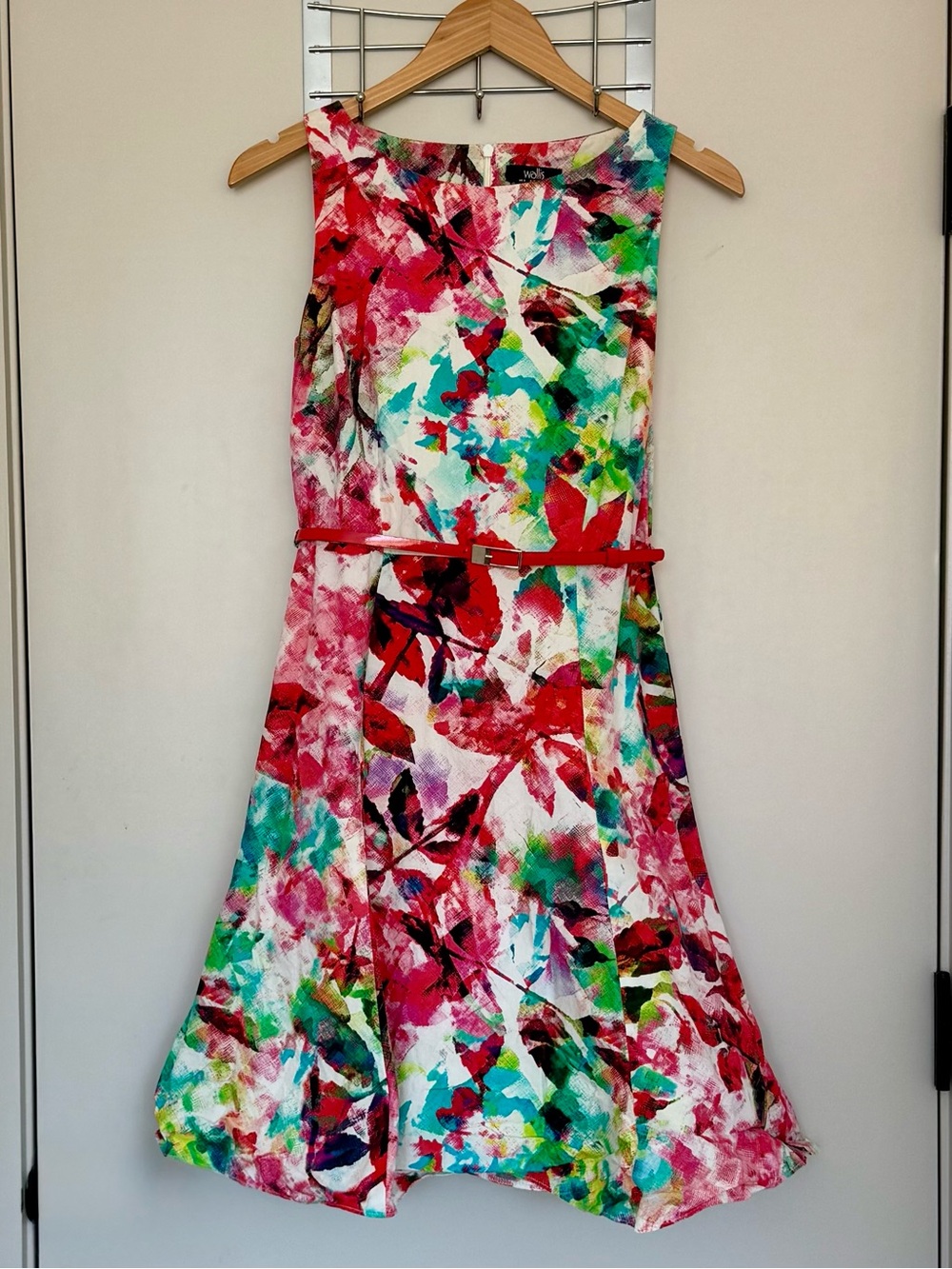 Wallis Multicolor Floral Print Midi Dress with Red Belt